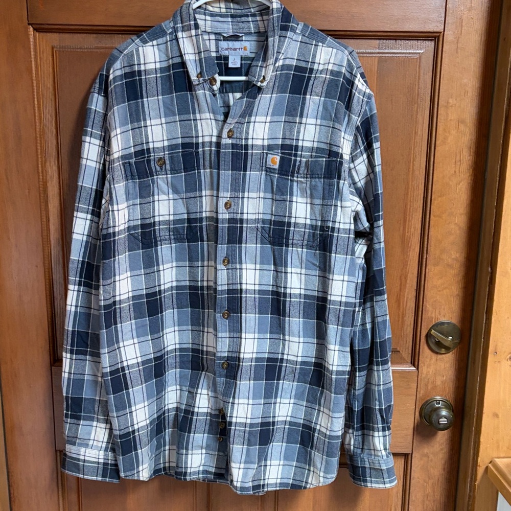 Carhartt Navy and White Plaid Relaxed Fit Shirt Size Large Tall
